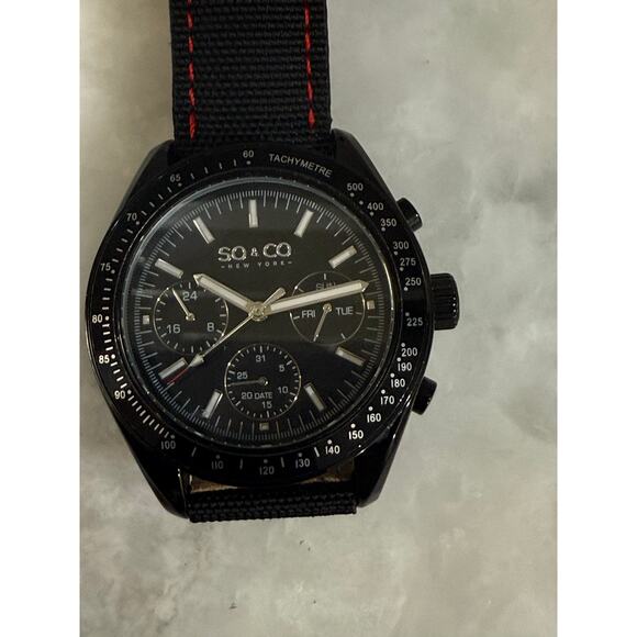 SO&CO New York Men’s Black Multifunction Watch 100M Tachymeter NATO Strap Quartz